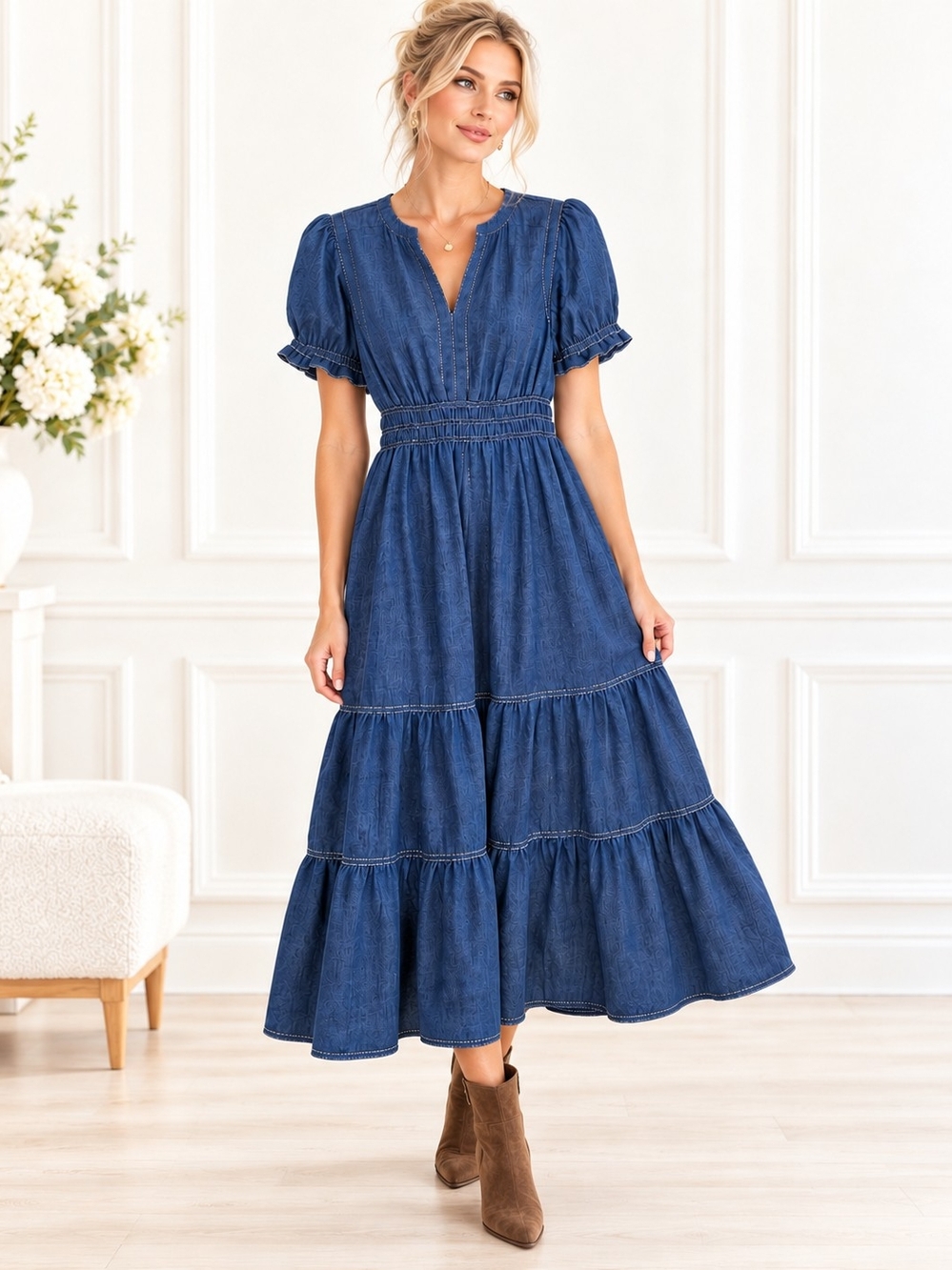 Max Studio Blue Tiered Maxi Dress Puff Sleeve Pockets | Size XL